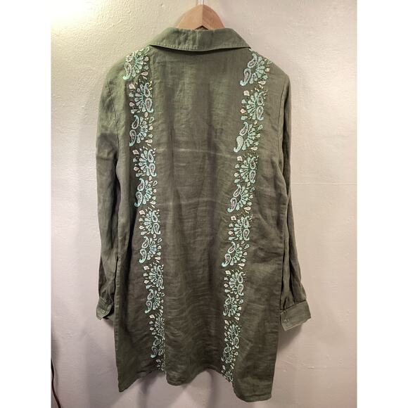 CALYPSO St Barth NWOT Olive Linen Blue Embroidery Long Sleeve Shirt Midi Dress L - Picture 2 of 6